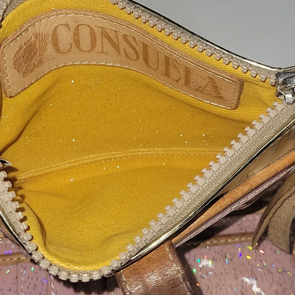 Consuela Metallic Gold PVC Clutch Wallet with Brown Leather Trim
